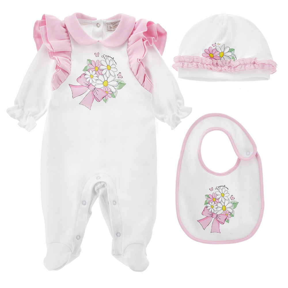Monnalisa White & Pink Flower Babygrow Set