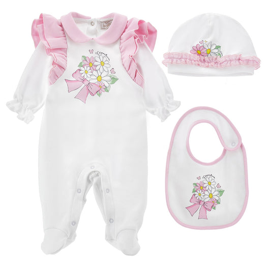 Monnalisa White & Pink Flower Babygrow Set