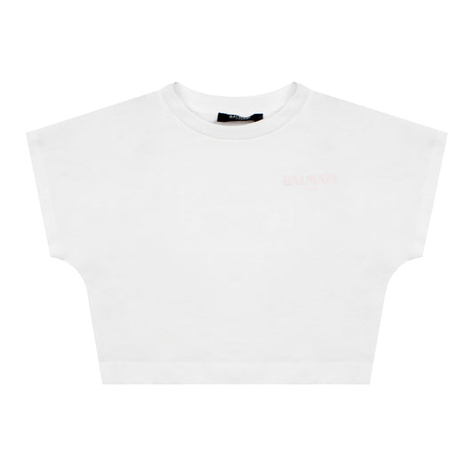 Balmain White/Pink Cropped T-Shirt