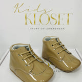 PRETTY ORIGINALS PATENT TAN PRAM BOOTS
