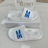 MOSCHINO WHITE AND BLUE SLIDERS