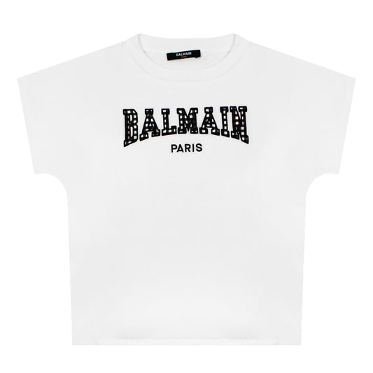 Balmain White T-Shirt Check Logo