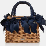 Girls Blue Bow Straw Handbag